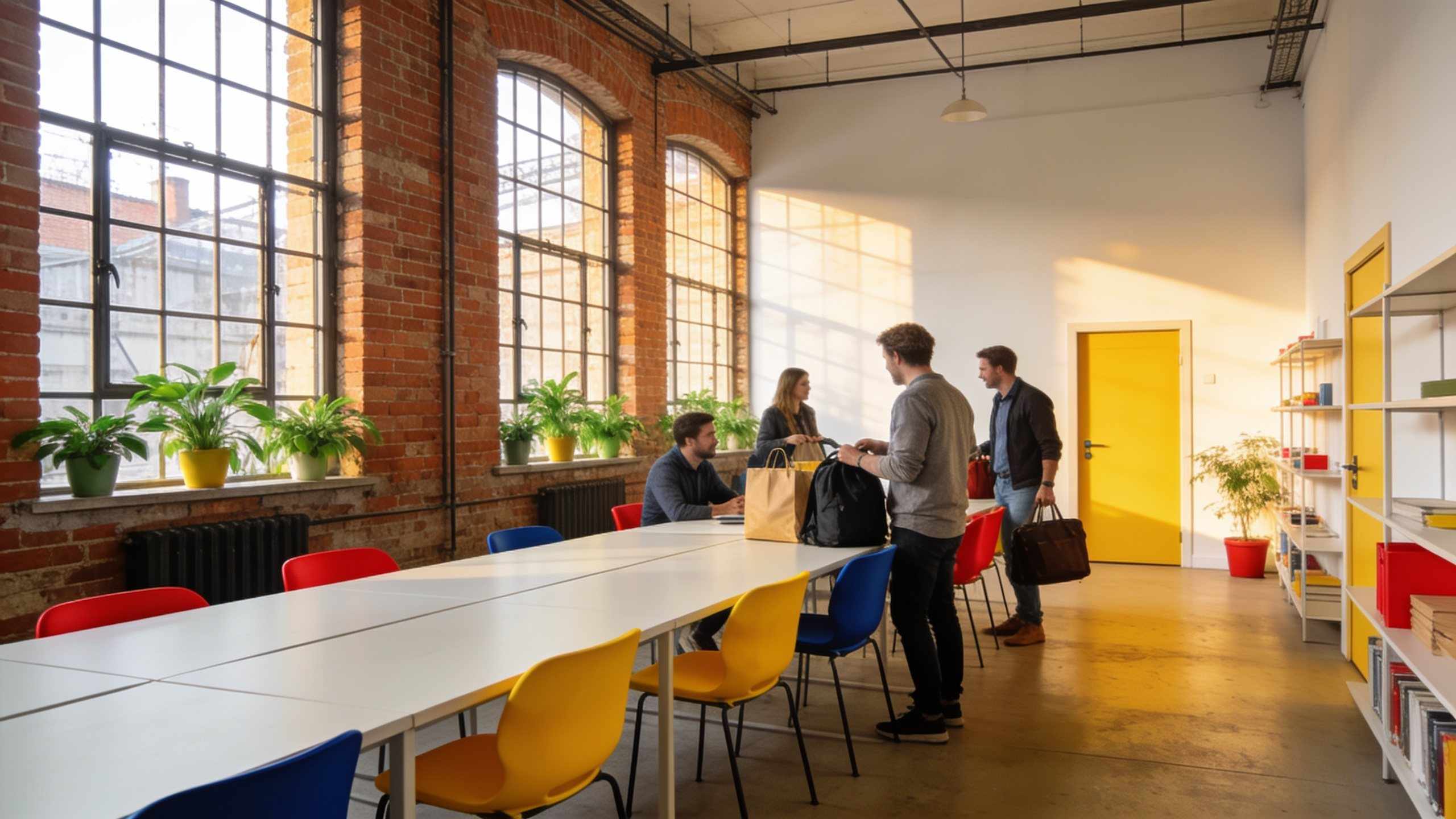 The bright coworking hall at golden hour with long tables and primary coloured furniture