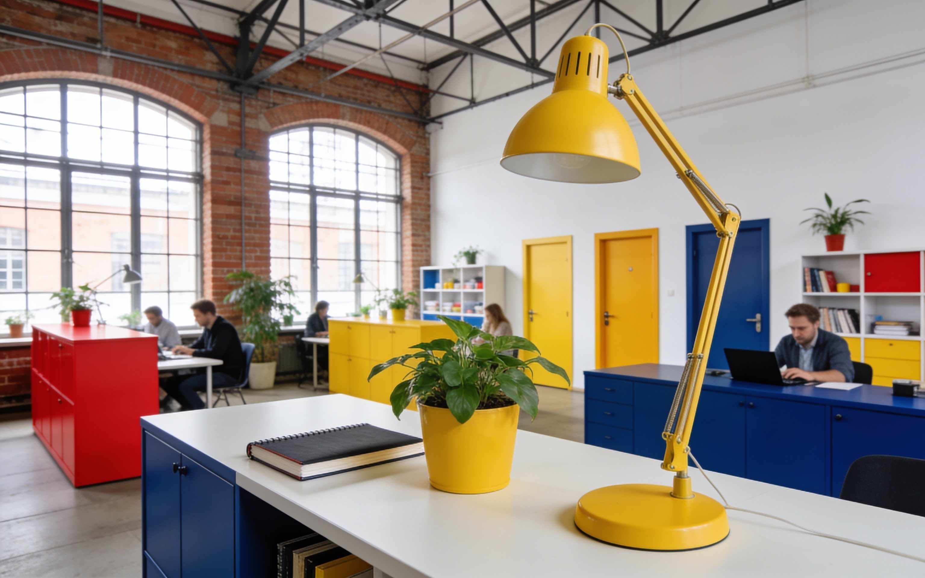 A personal desk with a yellow lamp, a plant and a notebook