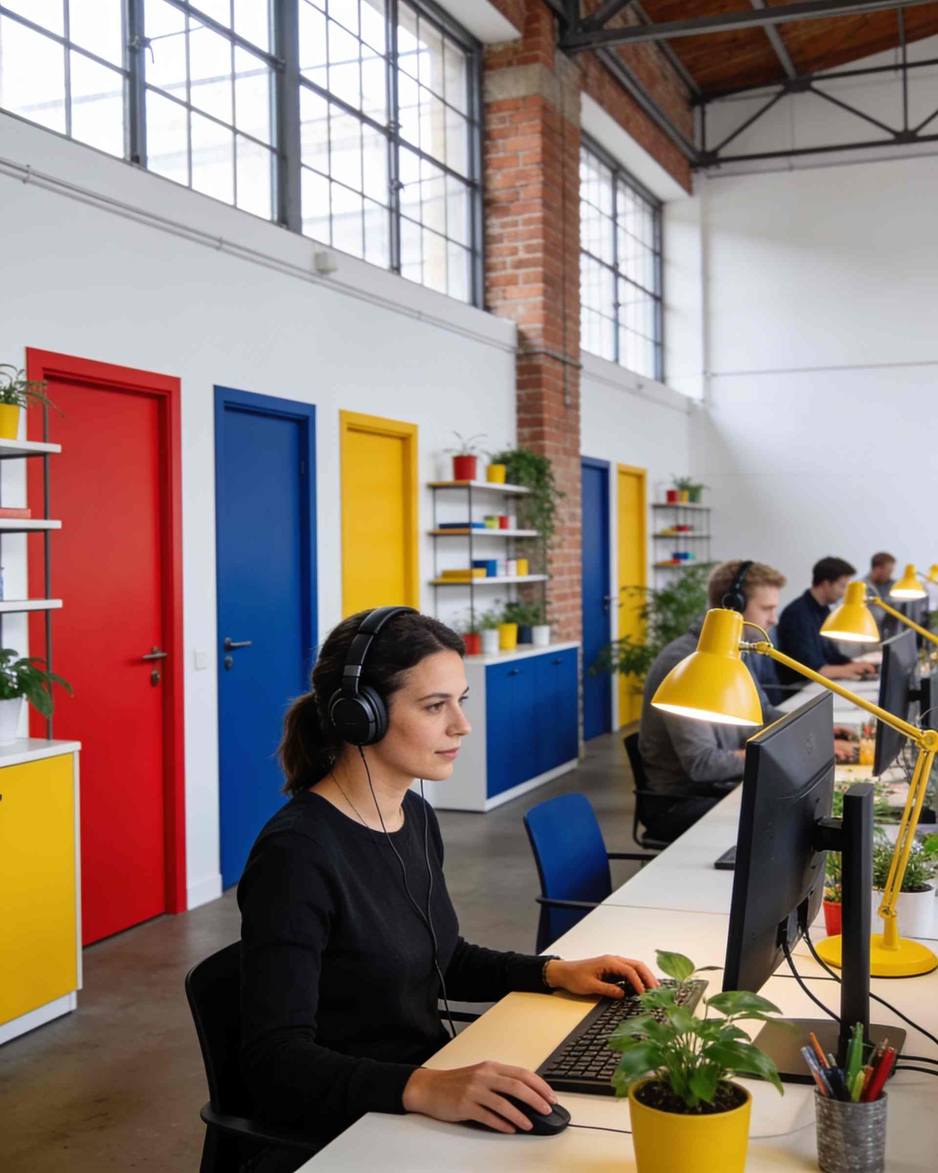 A quiet area of fixed desks with yellow desk lamps, plants and monitors, a woman working with headphones