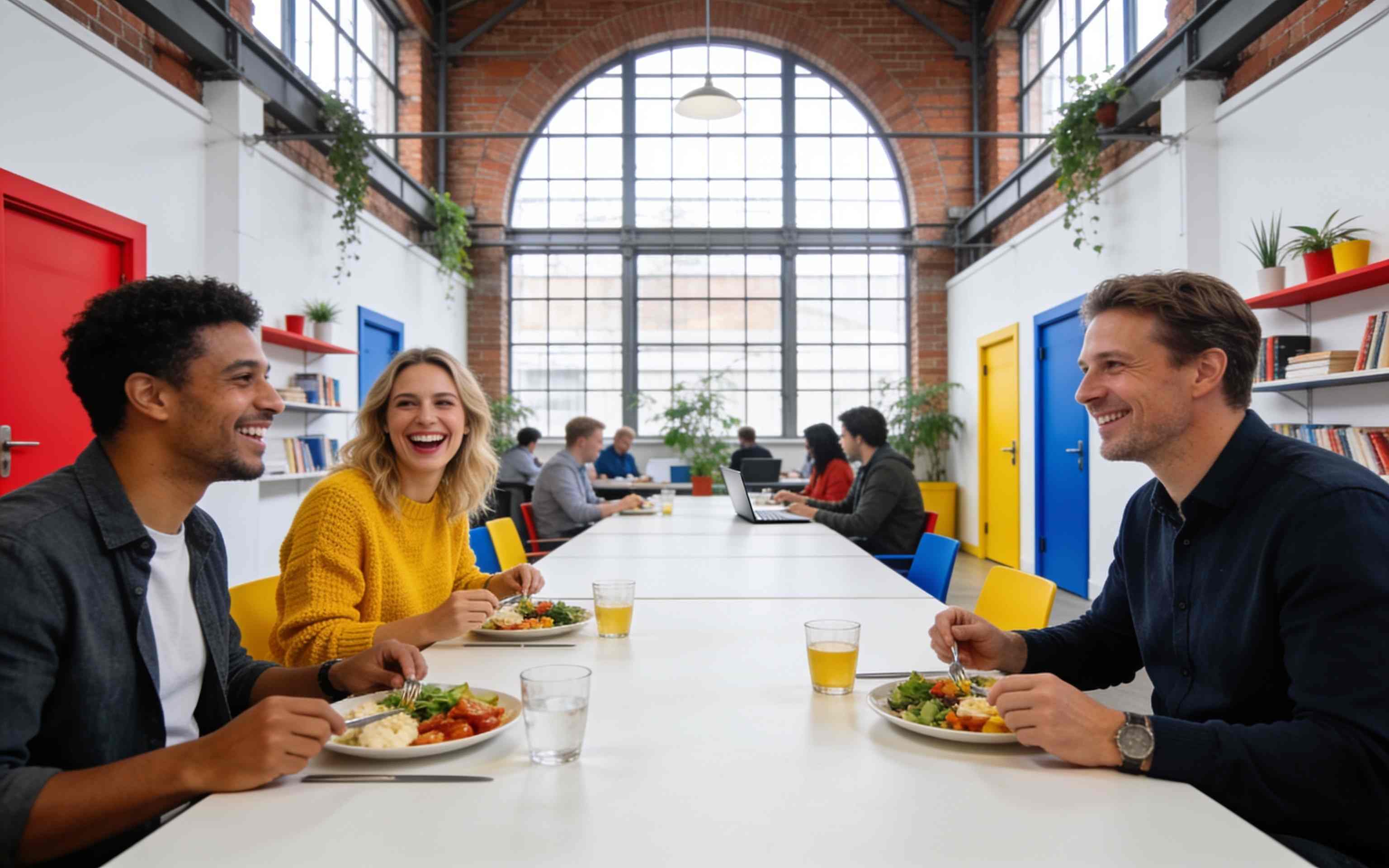 Members eating lunch together at a long shared table on a Friday, laughing