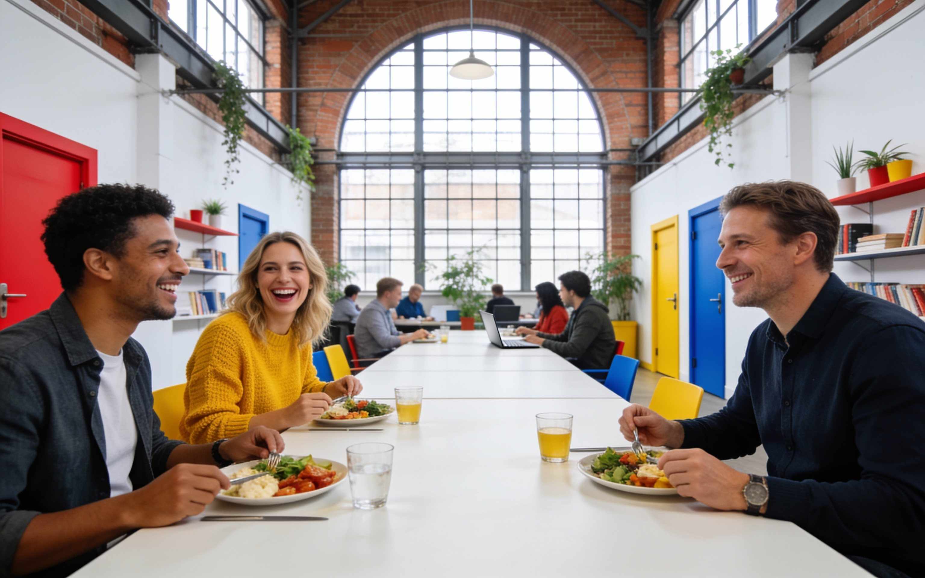 Members eating lunch together at a long shared table on a Friday, laughing