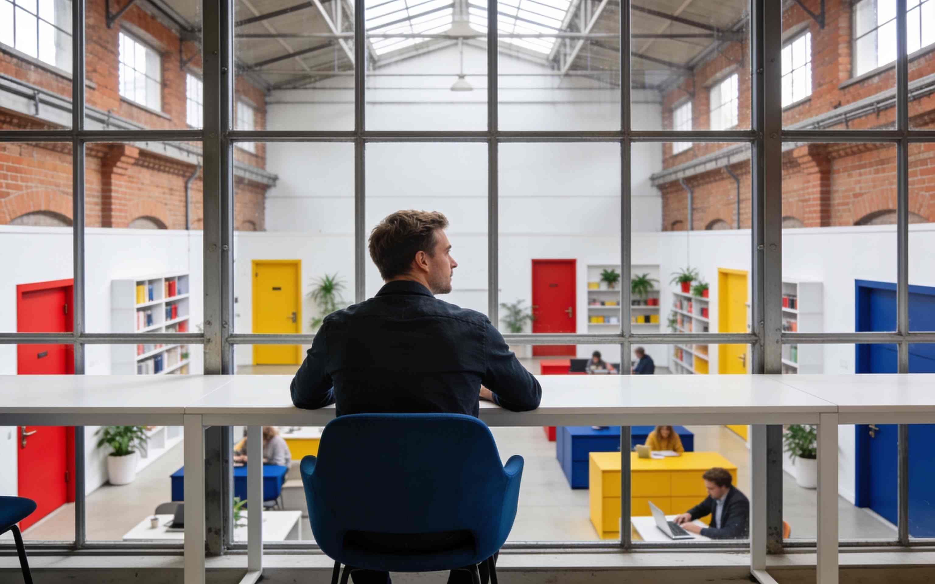 A member at a white desk by the window on a cobalt blue chair, the hall behind in soft focus