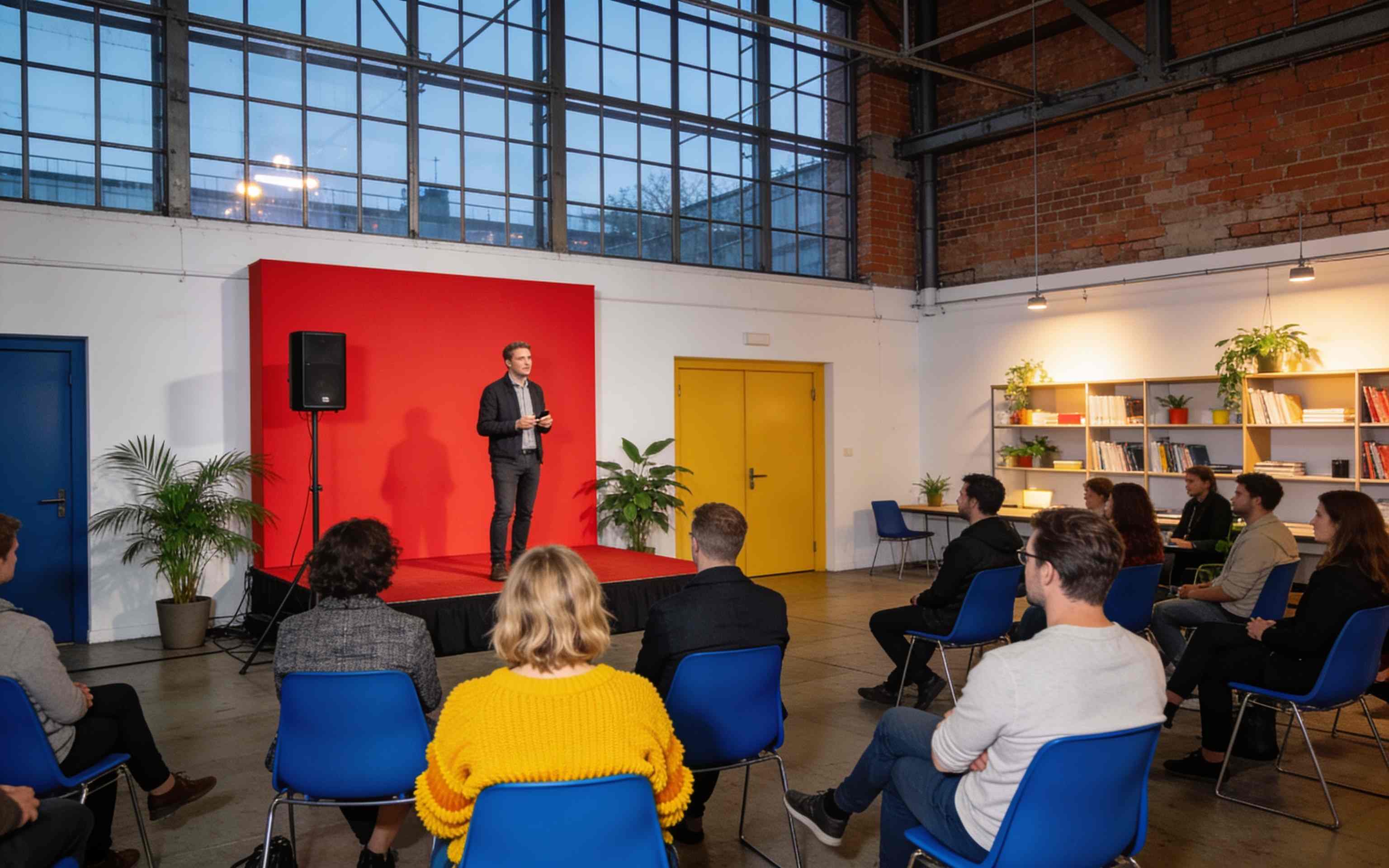 An evening talk in the coworking hall, a speaker on a small red stage and an audience on blue chairs