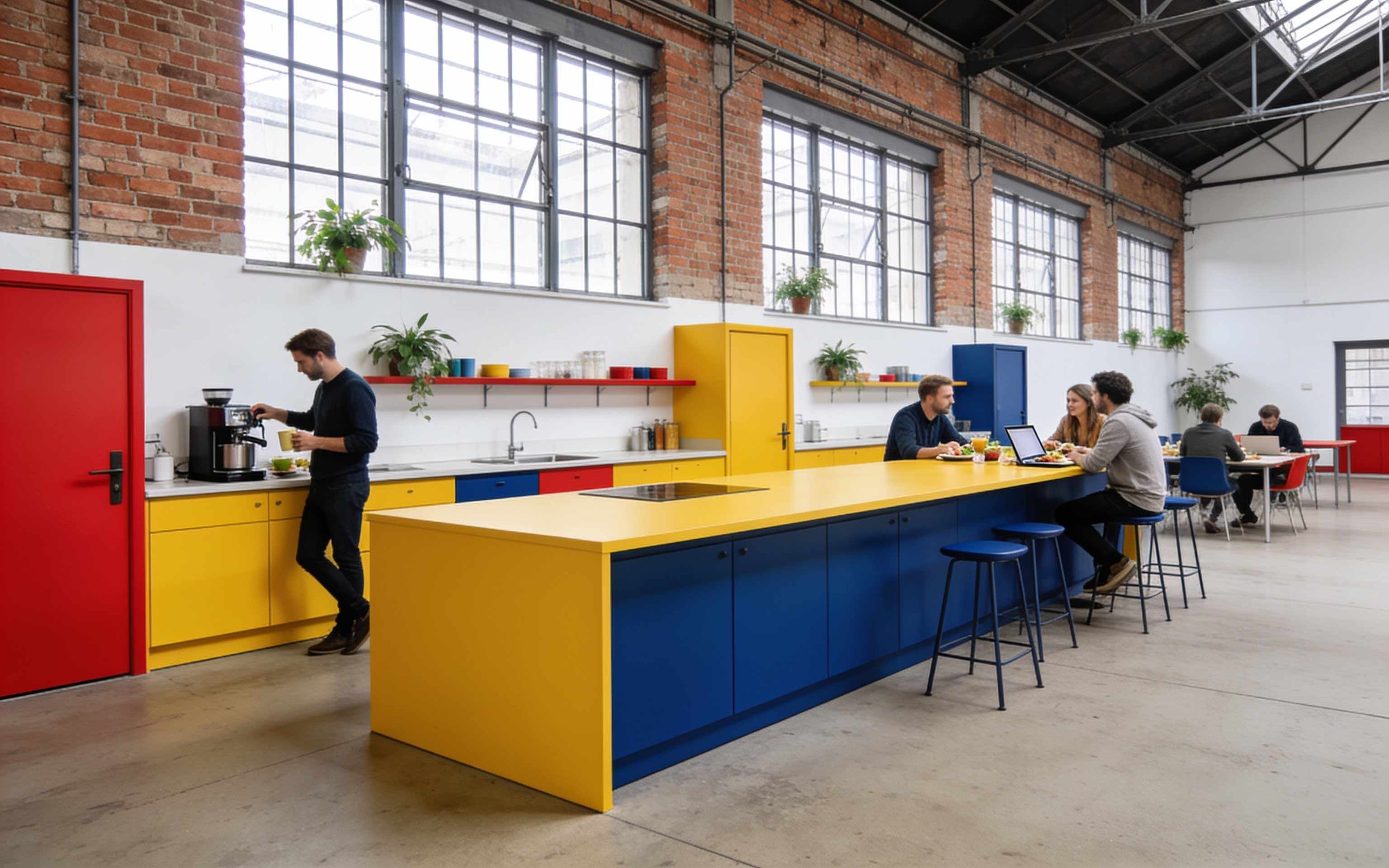 Members chatting at a long yellow kitchen counter while making coffee at lunchtime