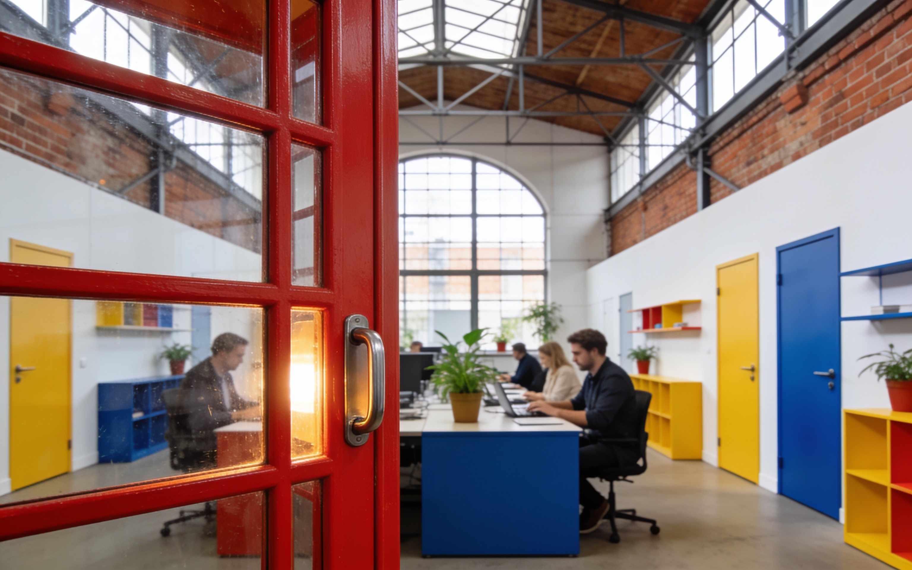 The glass door of a red phone booth with soft light inside
