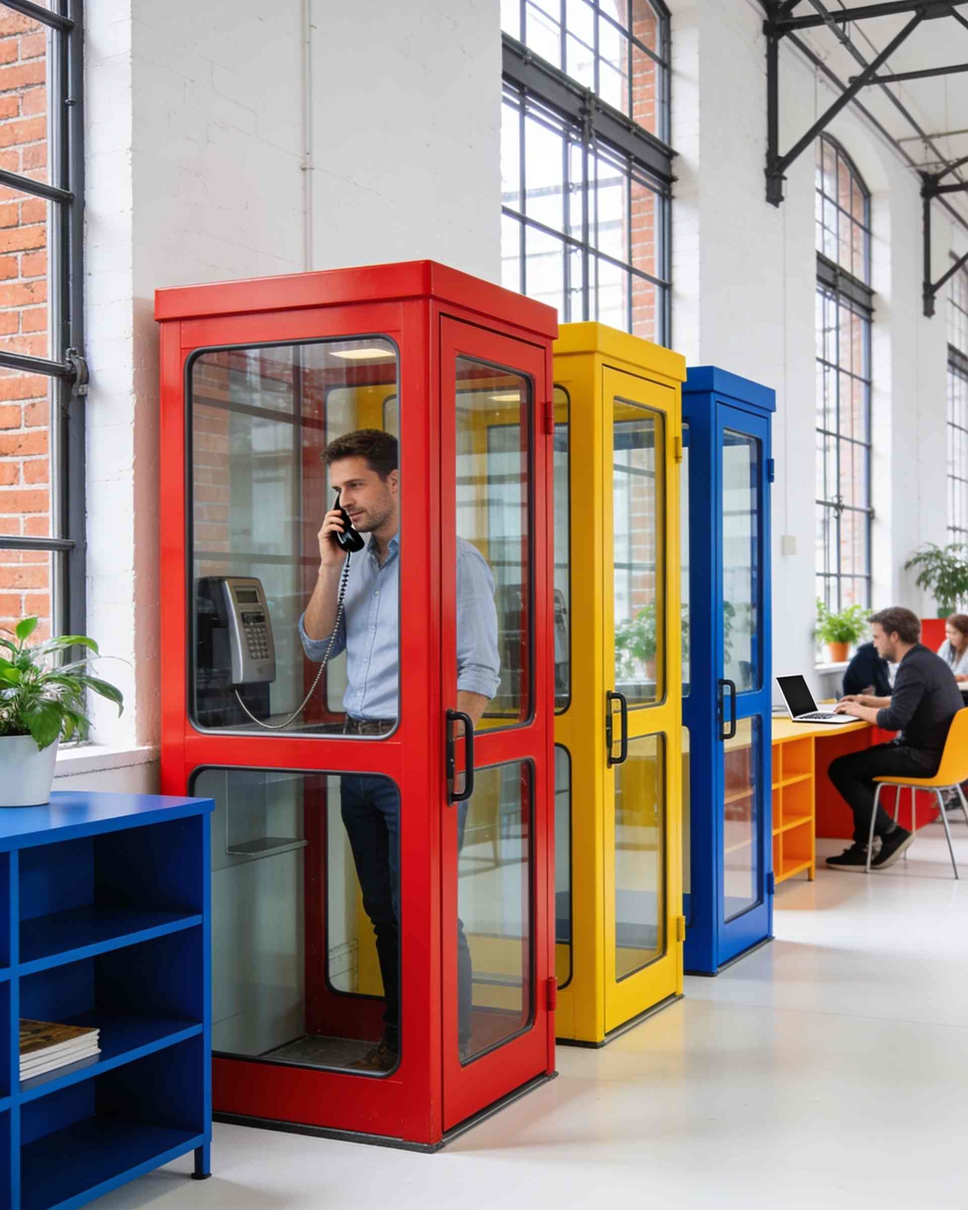 A row of three colourful phone booths in red, yellow and blue with glass doors, a man on a call inside one