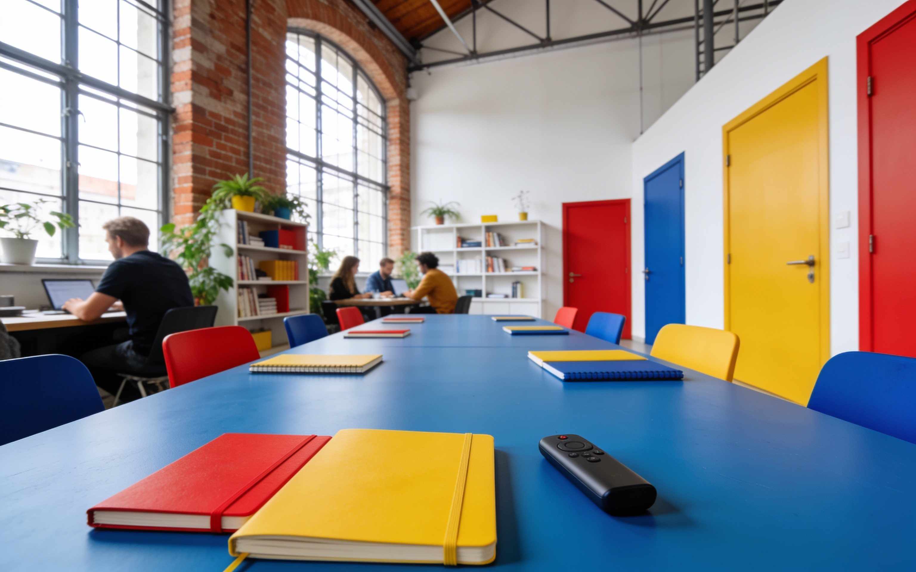 A long blue table with notebooks and a presentation clicker