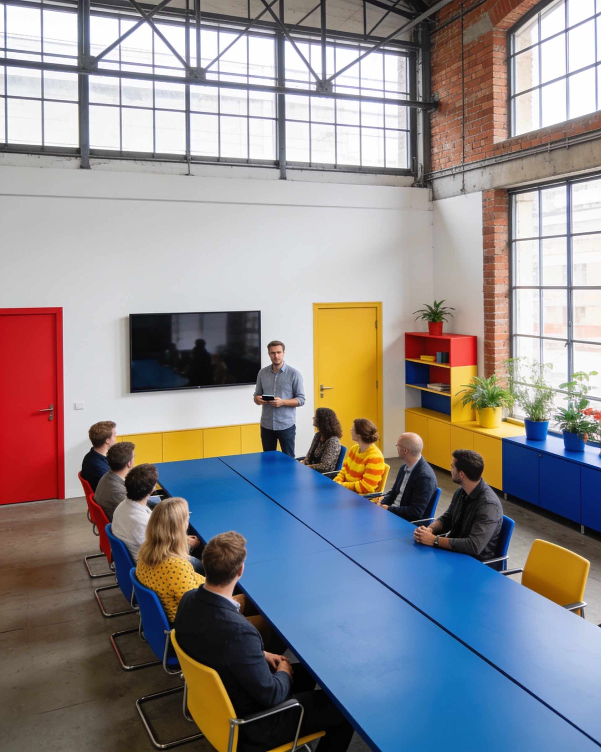 A boardroom with a long blue table, a screen on the wall and twelve chairs, a team presenting