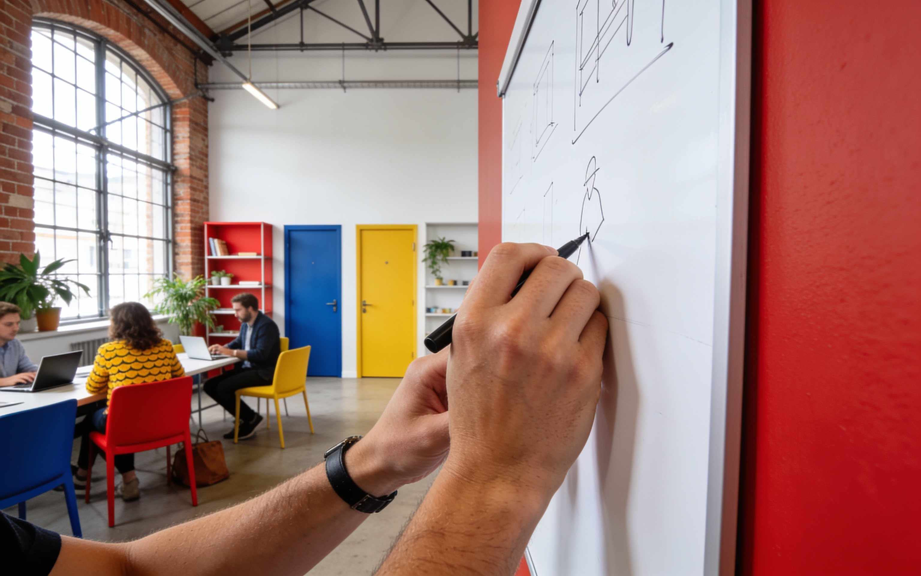 Hands sketching on a whiteboard next to a red wall