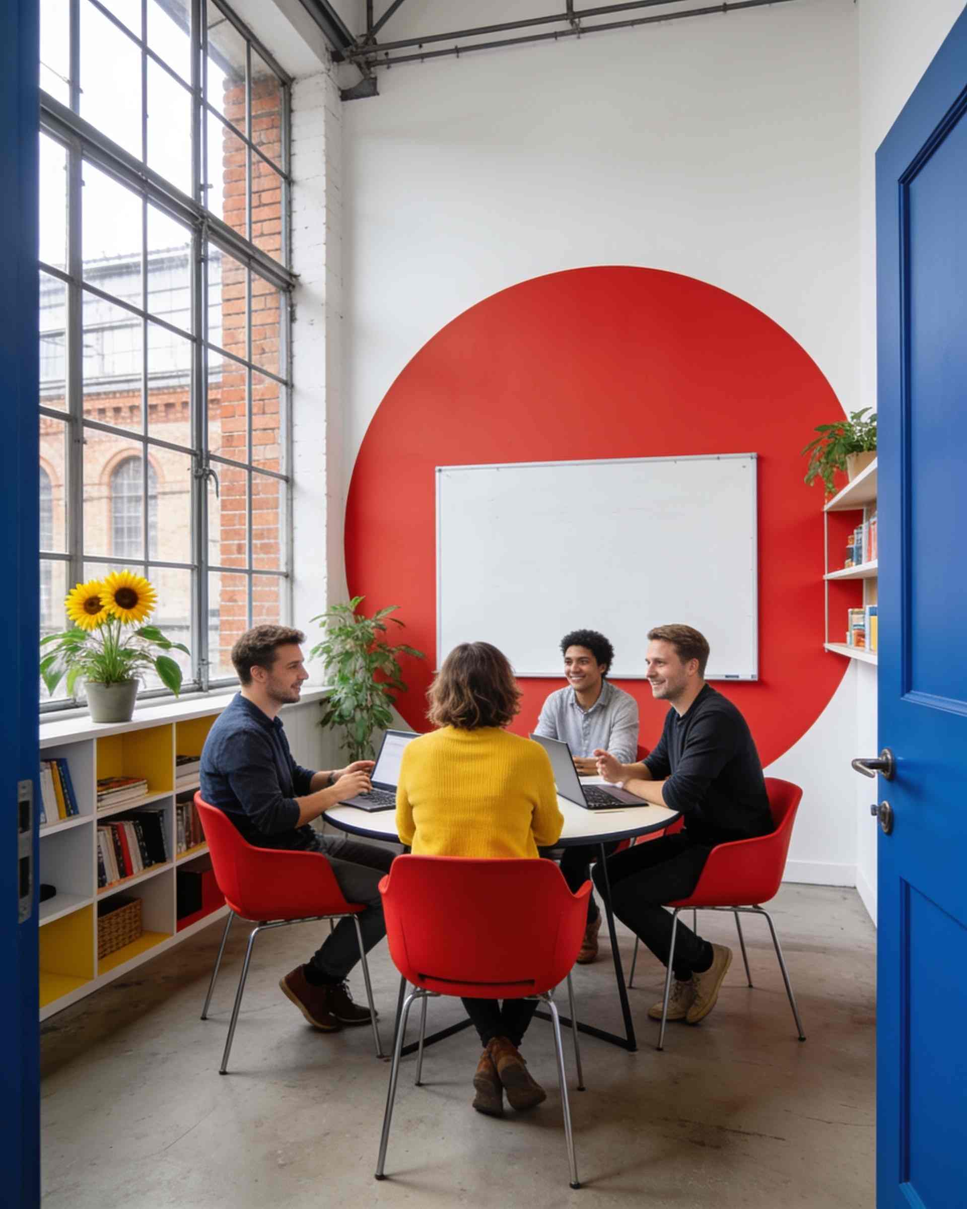 A small meeting room with a round table, red chairs and a red circular wall, four people in a lively meeting