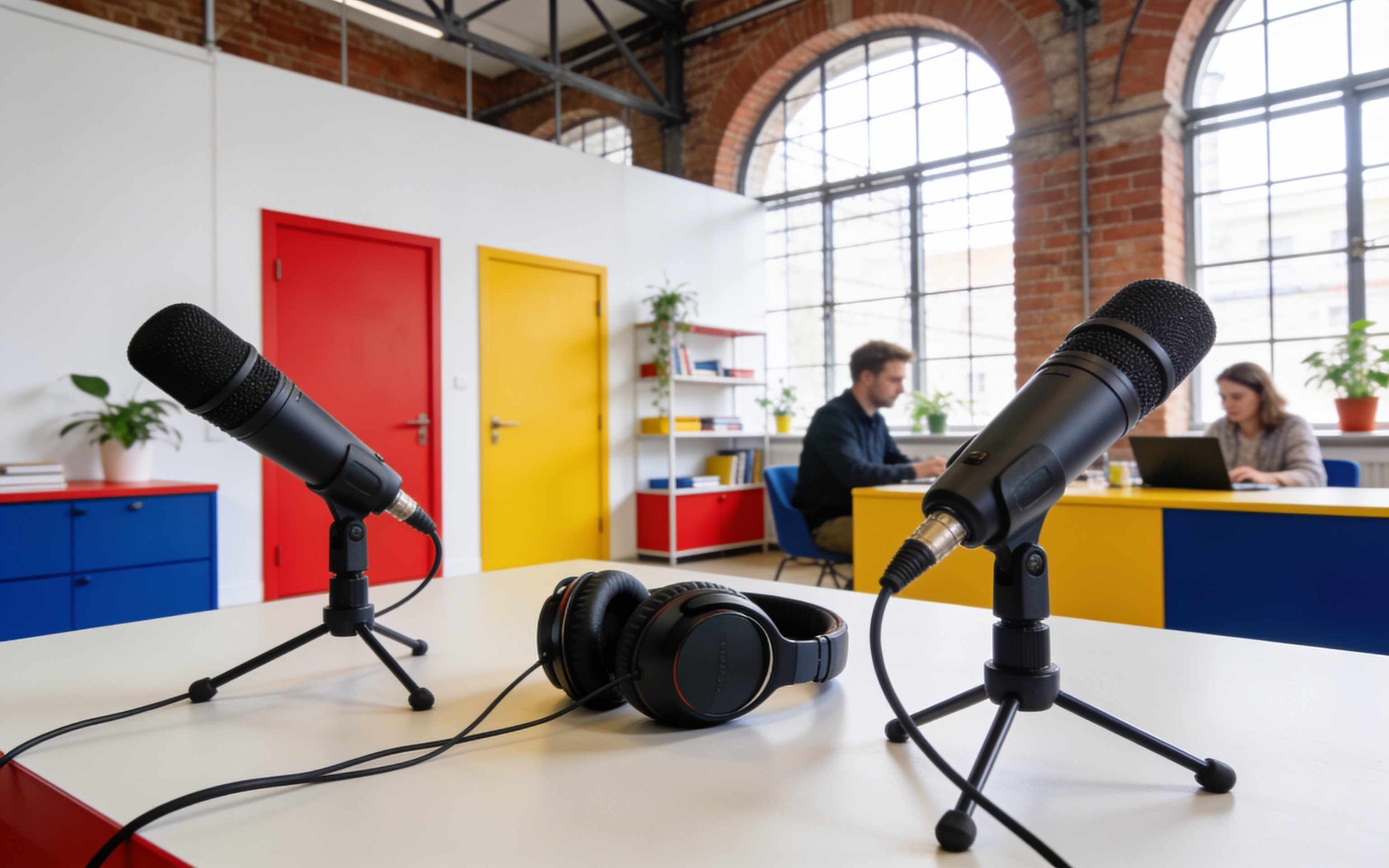 Two microphones and headphones on a table in a colourful studio