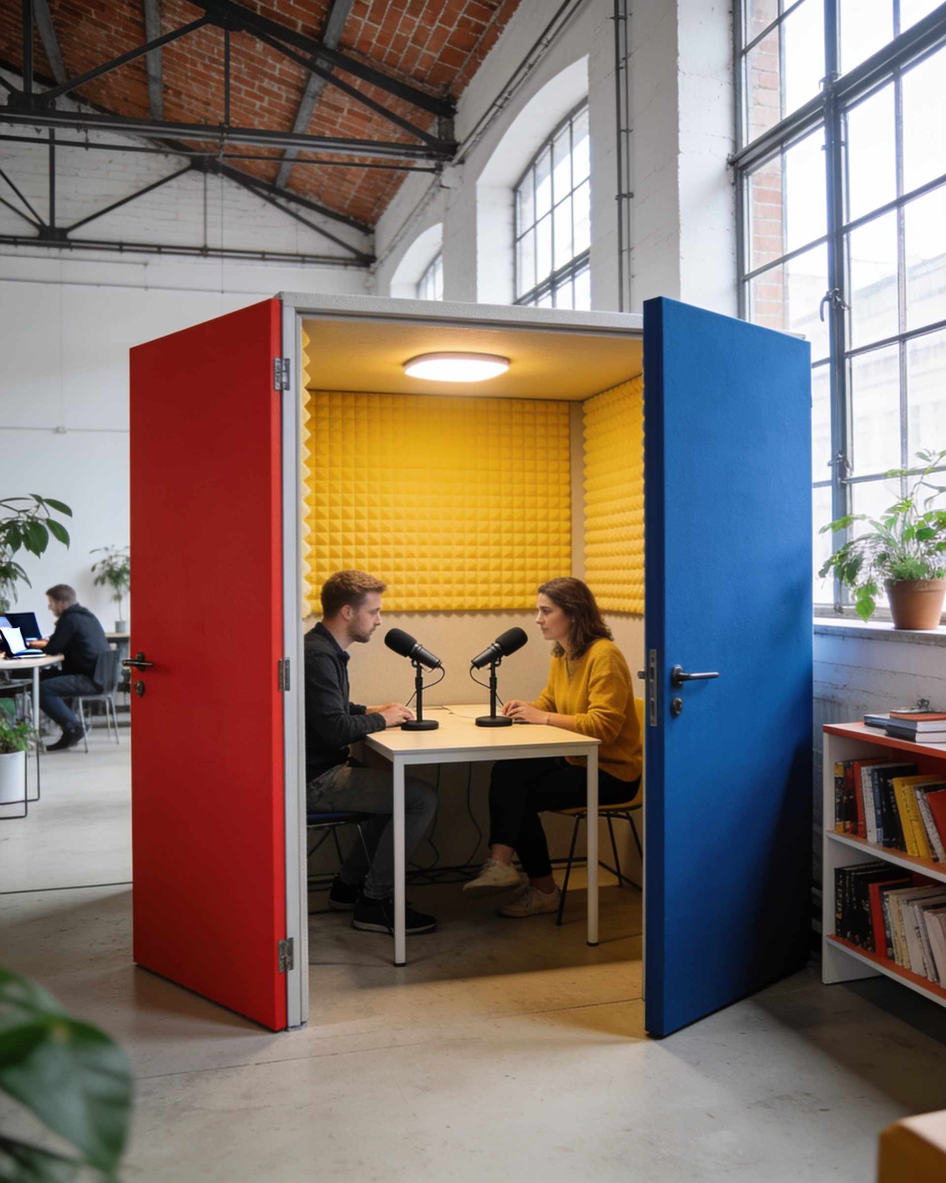 A small podcast studio with yellow and blue acoustic panels, two microphones on a table and soft lights