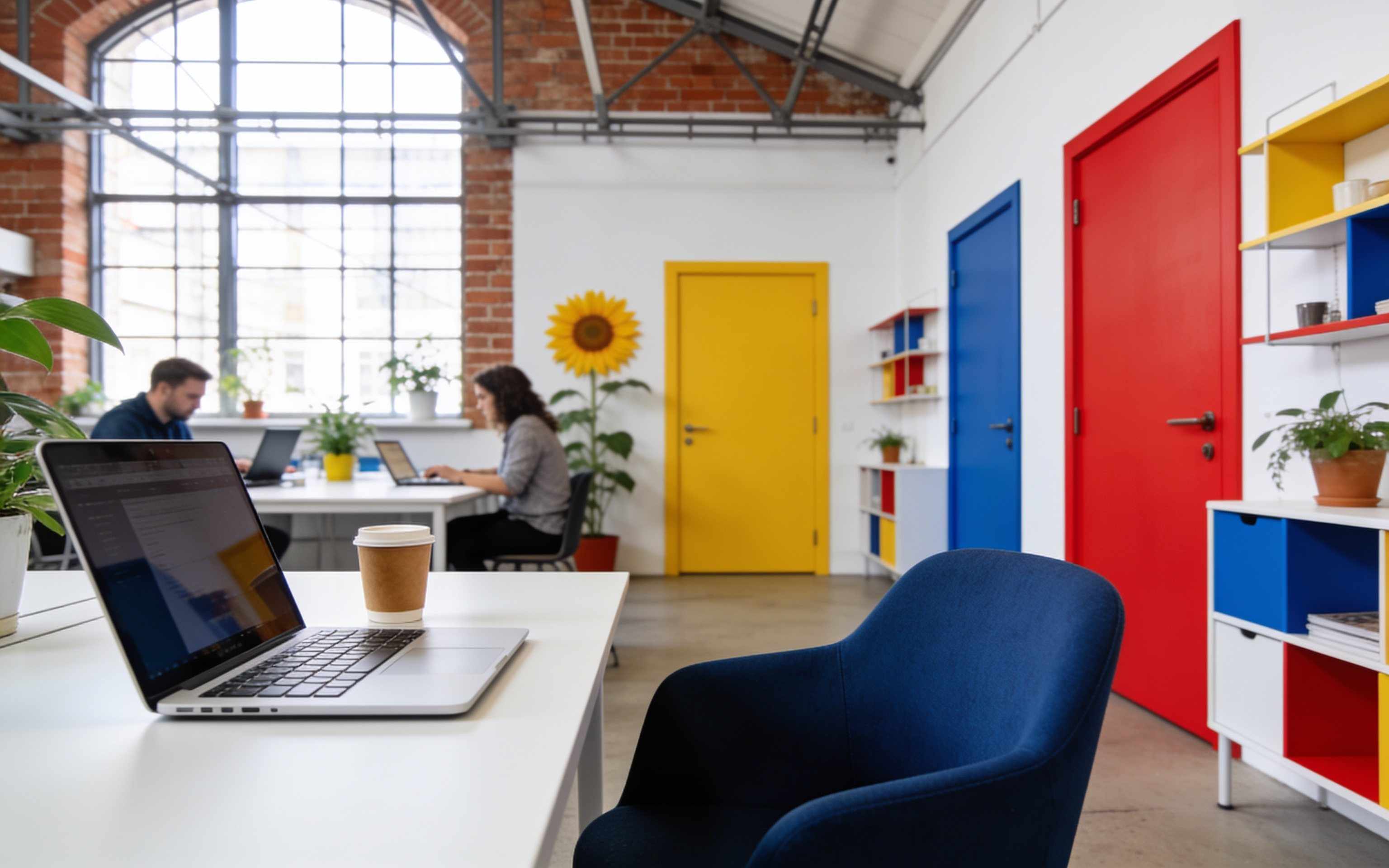 A white desk with a laptop, a coffee and a blue chair in daylight