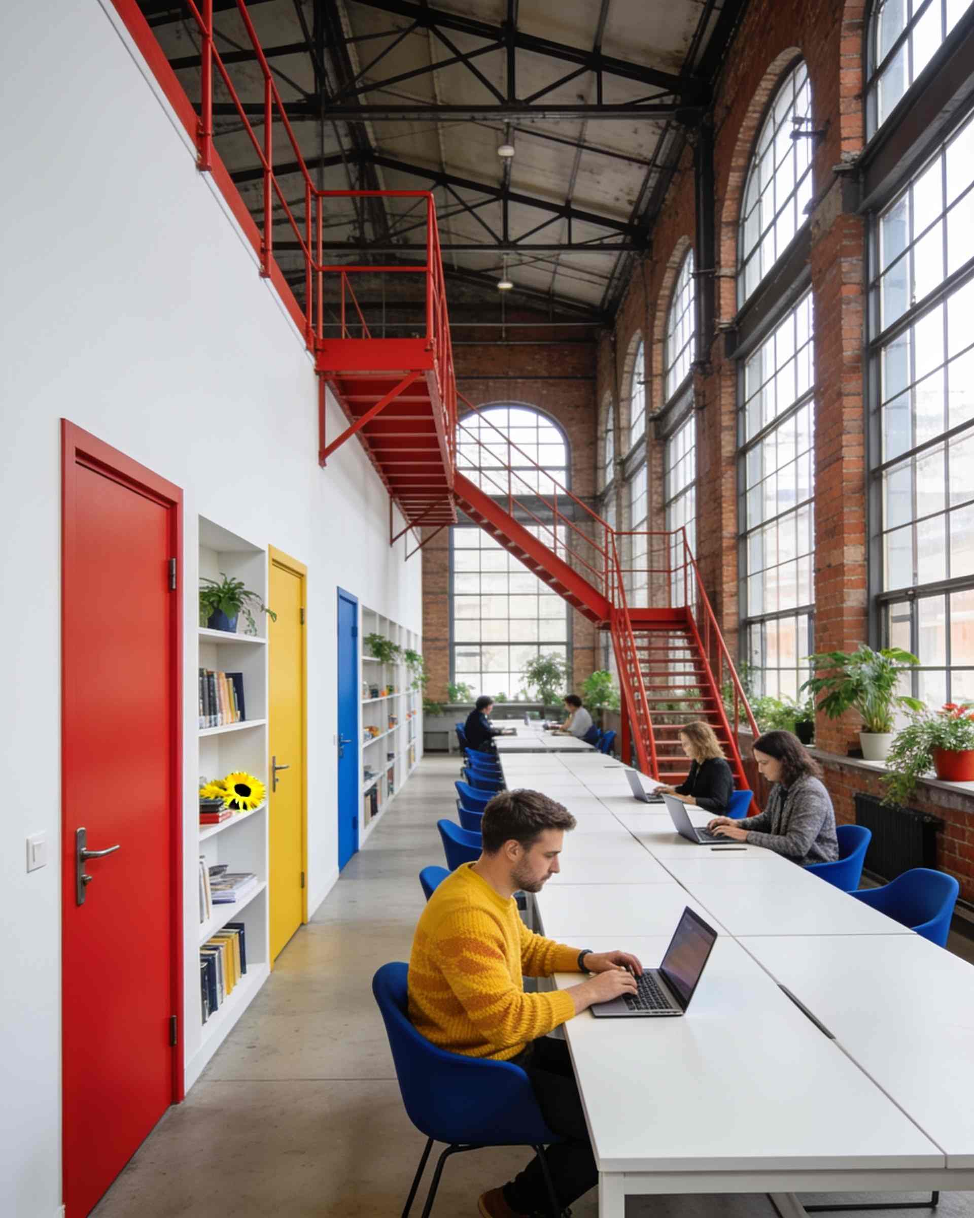A long open hall of white tables and cobalt blue chairs under factory windows, a red steel staircase, people working