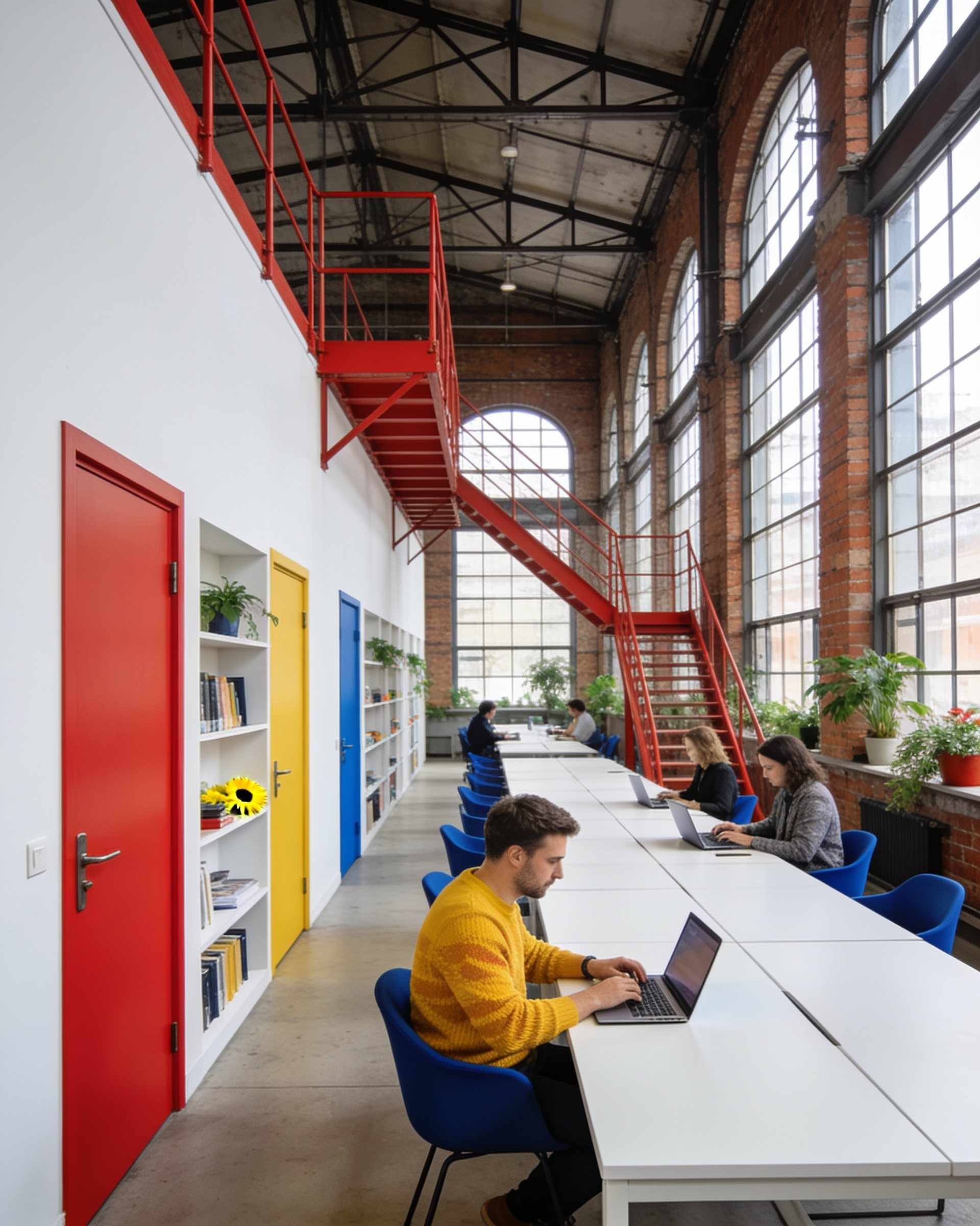 A long open hall of white tables and cobalt blue chairs under factory windows, a red steel staircase, people working
