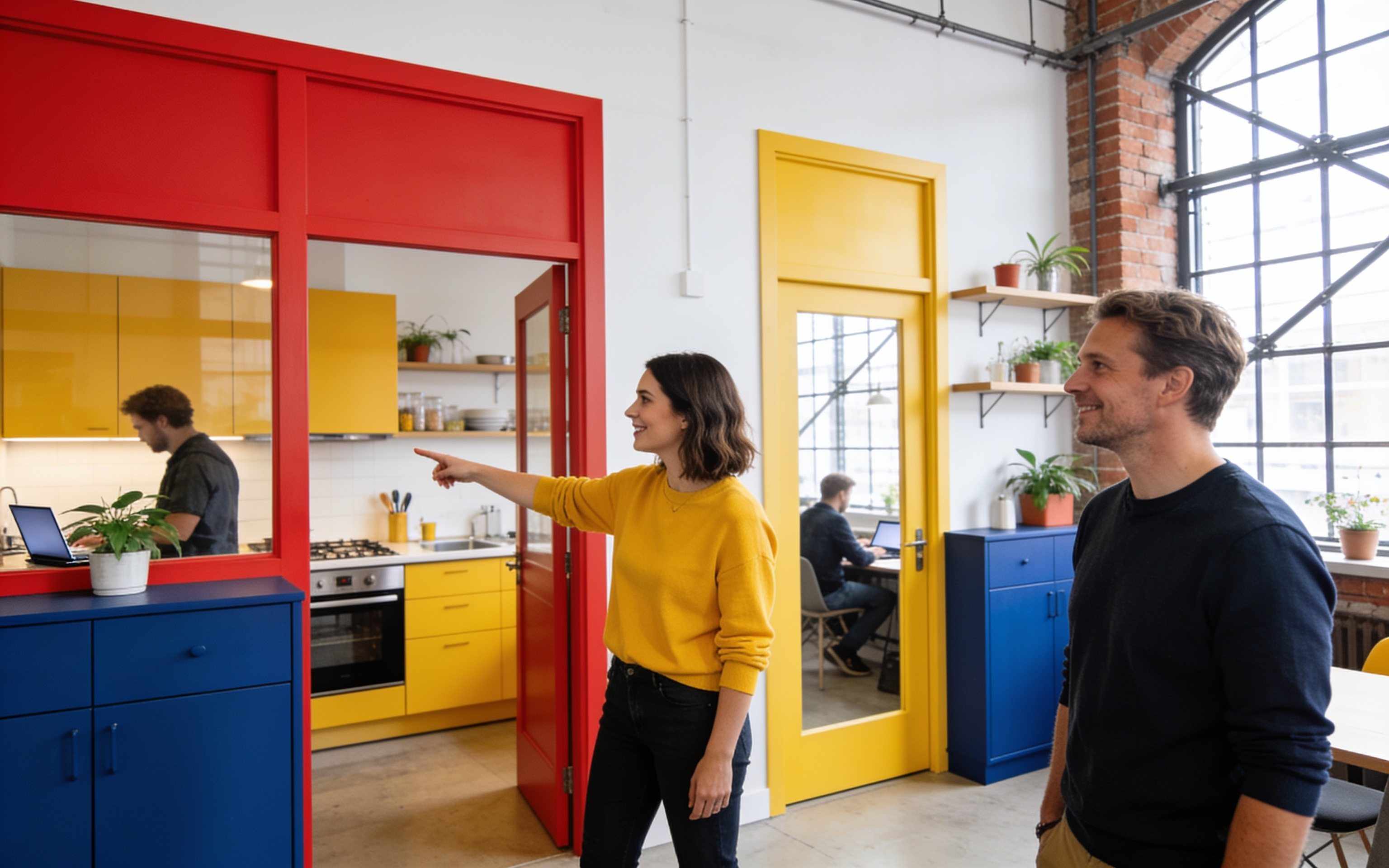 A host showing a new member around the hall, pointing at the kitchen
